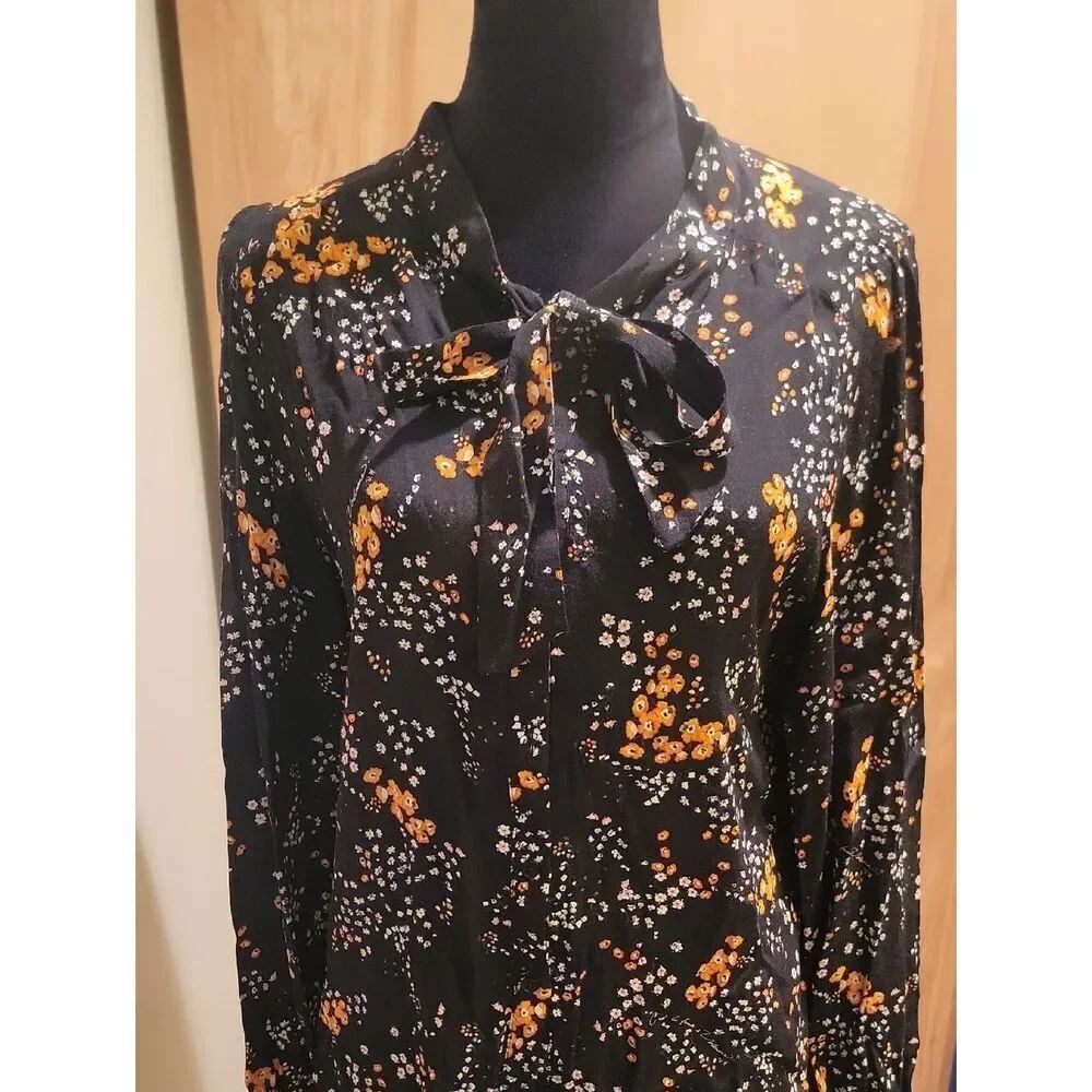 Zadig & Voltaire Black Floral Tie-Neck Blouse with Yellow and White Flowers